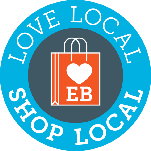 Love Local, Shop Local roundel with an orange shopping bag marked with a heart and the letters EB